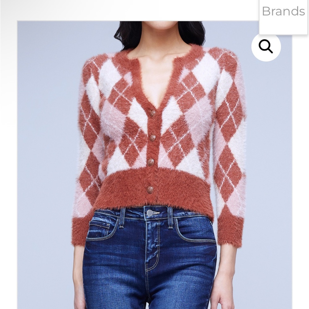 L'AGENCE Rust and White Argyle Cardigan
